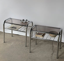 Load image into Gallery viewer, Vintage 2 Tier Chrome &amp; Smoked Glass End Tables