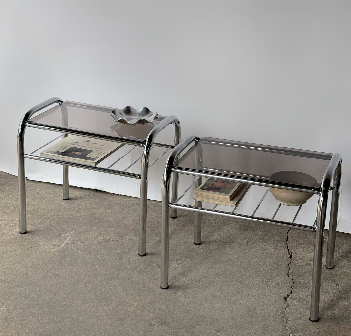 Vintage 2 Tier Chrome & Smoked Glass End Tables