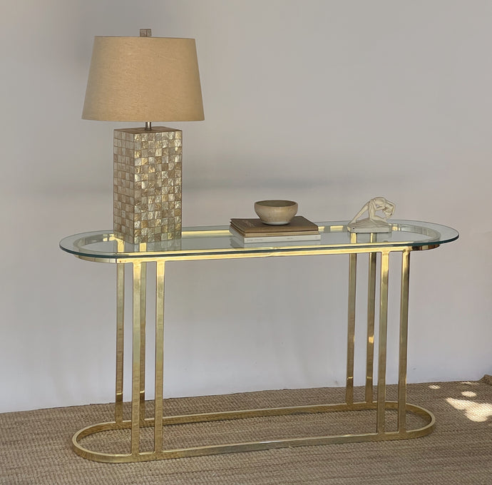 Consignment- Vintage Brass Glass Console Table