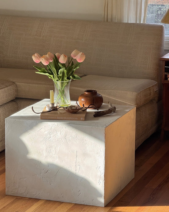 Square Pedestal Textured Faux Stone Table