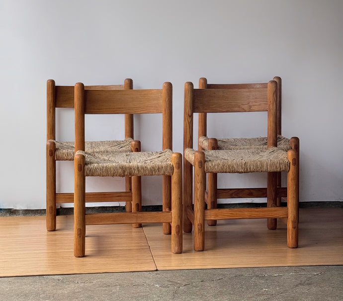 1970's Italian Solid Wood Chairs with Rush Seats