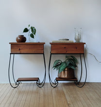 Load image into Gallery viewer, Vintage Pair of Handcrafted Wood + Iron Nightstands/End Tables