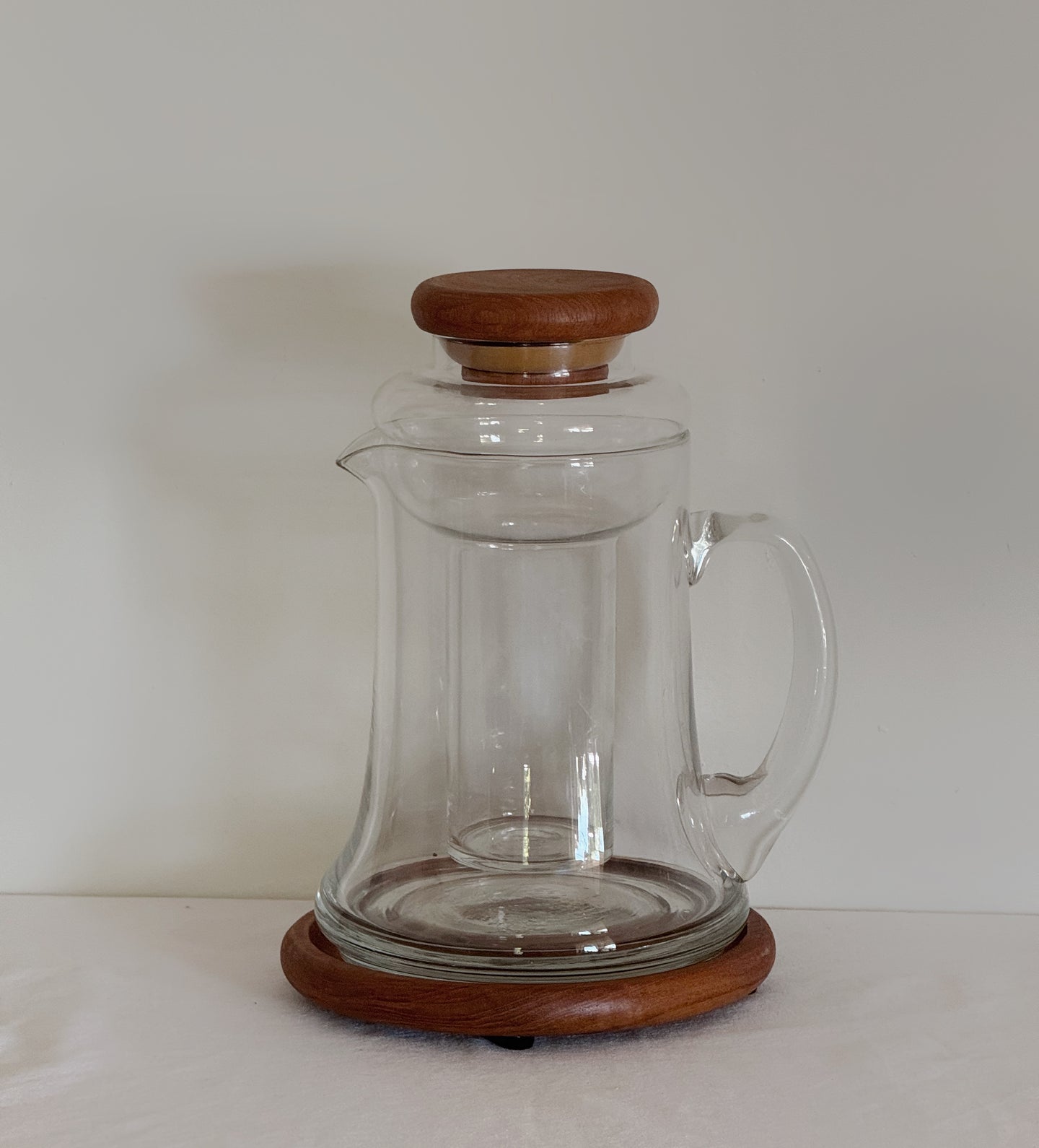 Vintage Teak Baker Hart & Stuart Glass Pitcher w/ Ice Well