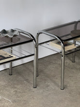 Load image into Gallery viewer, Vintage 2 Tier Chrome &amp; Smoked Glass End Tables