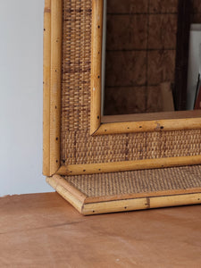 Vintage Mid Century Rattan & Bamboo Woven Mirror with Shelf