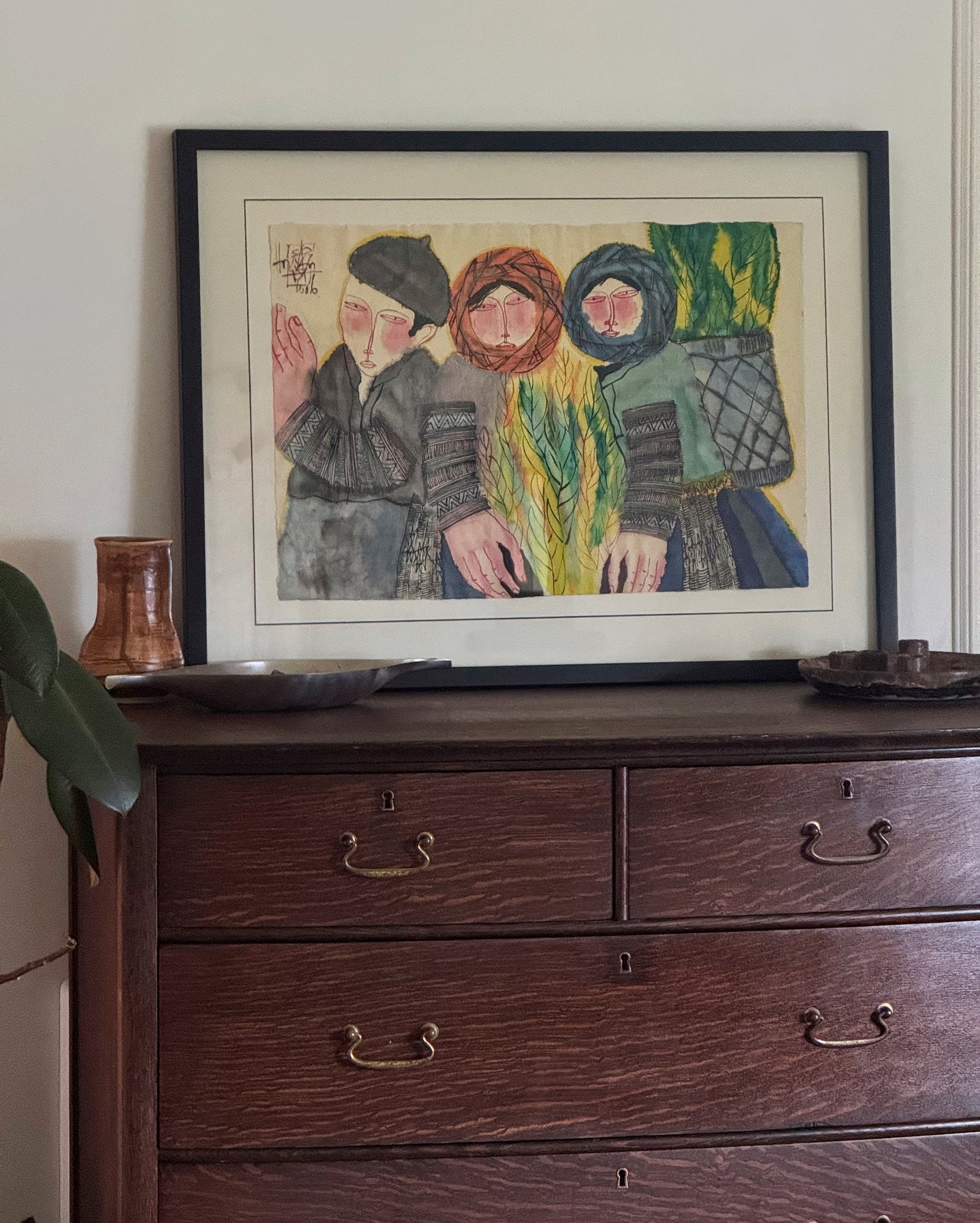 Framed Original Watercolor 3 Villagers. Signed