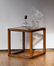 Load image into Gallery viewer, 70’s Side Glass + Oak Cubed Table