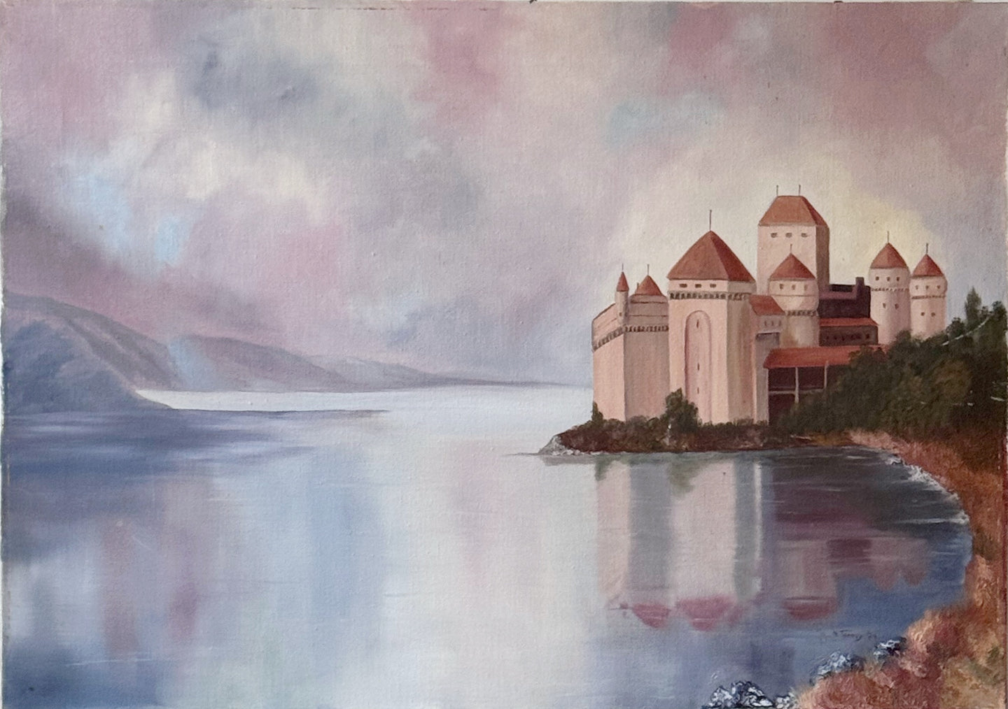 1970's Chateau De Chillon Original Oil on Canvas N.Torrey