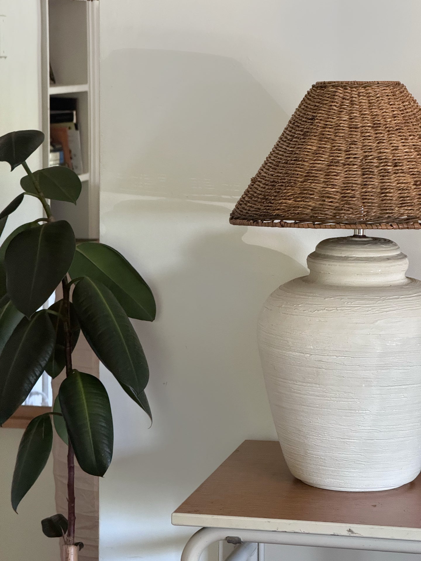 1970's Alsy Ceramic Lamp + Rattan Shade