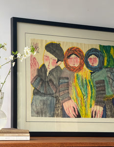Framed Original Watercolor 3 Villagers. Signed