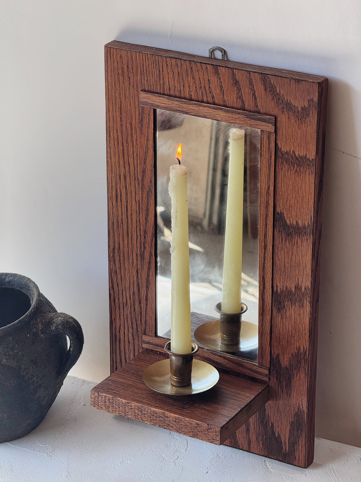 Vintage Wooden Framed Mirror & Candle Holder