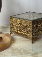 Load image into Gallery viewer, Antique Gold Glass Jewelry Casket Box