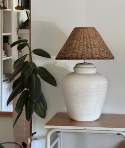 1970's Alsy Ceramic Lamp + Rattan Shade