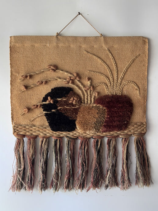 Vintage 1980's Natural Fiber Floral Wall Hanging