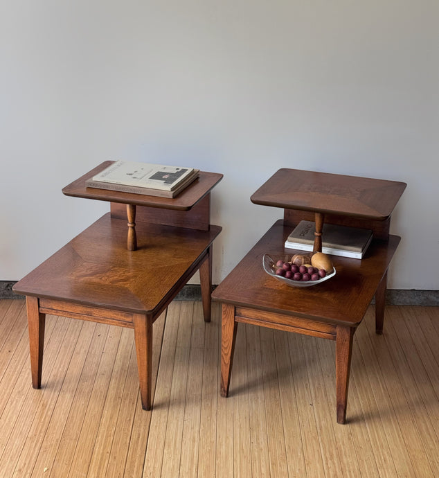 1950’s Lane Burl Inlay 2 Tier Side End Tables