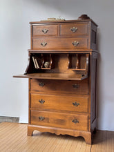 Load image into Gallery viewer, Vintage Tall American Colonial Style Maple Dresser w/ Drop Front Secretary Desk