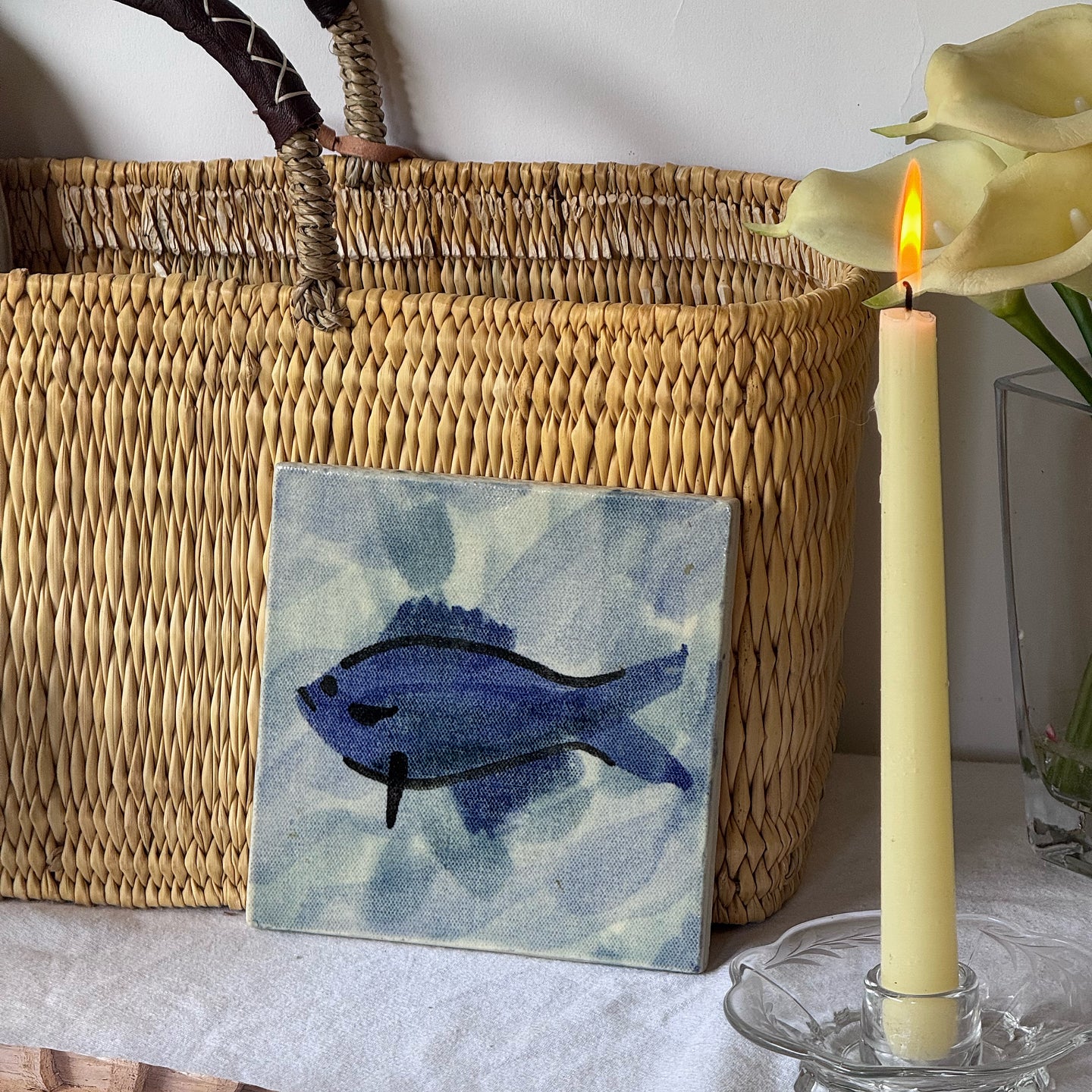 Vintage Hand-painted Blue Fish Tile