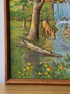 Vintage Woodland Fabric Art Framed Stitched Needlepoint